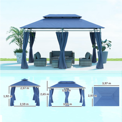 Gazebo de Jardin 3x4m à Double Toit Ventilé avec 6 Rideaux