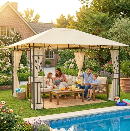 Gazebo de Jardin 4x3m avec Moustiquaire Intégrée | Toile Crème