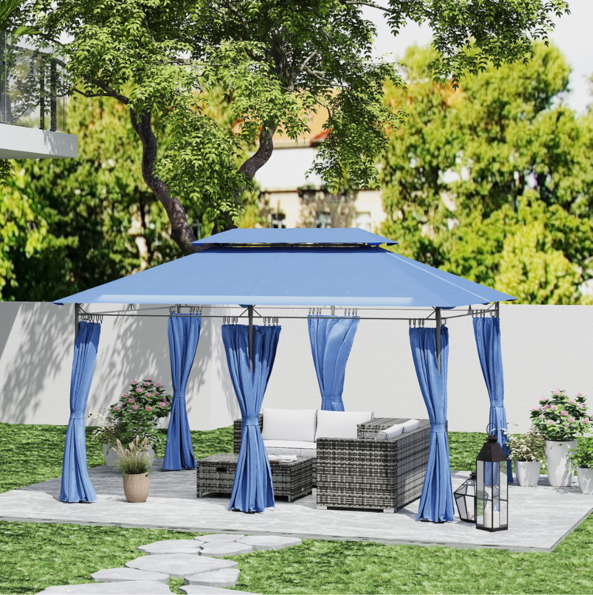 Gazebo de Jardin 3x4m à Double Toit Ventilé avec 6 Rideaux