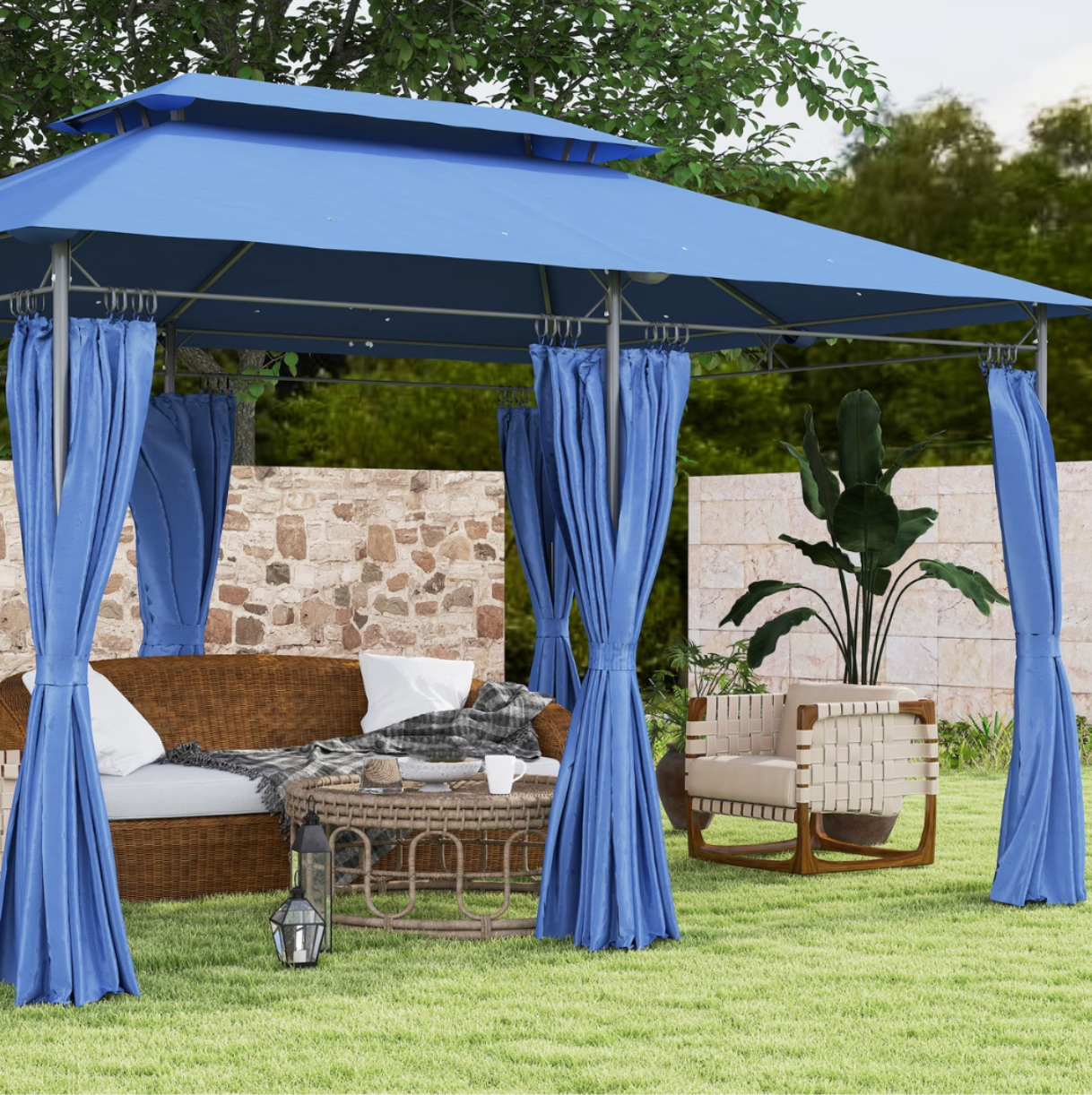 Gazebo de Jardin 3x4m à Double Toit Ventilé avec 6 Rideaux