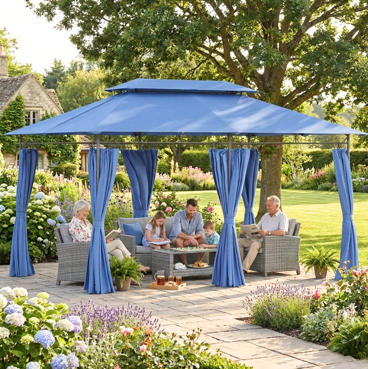 Gazebo de Jardin 3x4m à Double Toit Ventilé avec 6 Rideaux