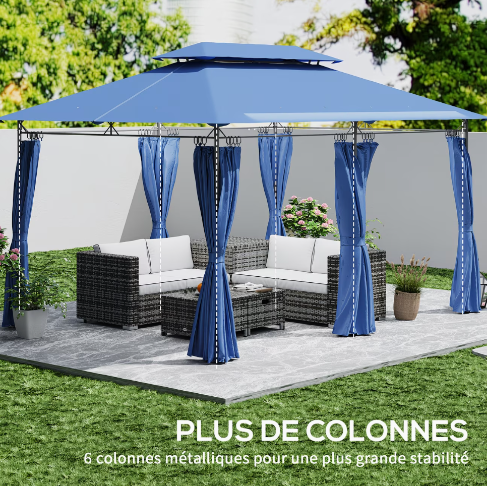 Gazebo de Jardin 3x4m à Double Toit Ventilé avec 6 Rideaux